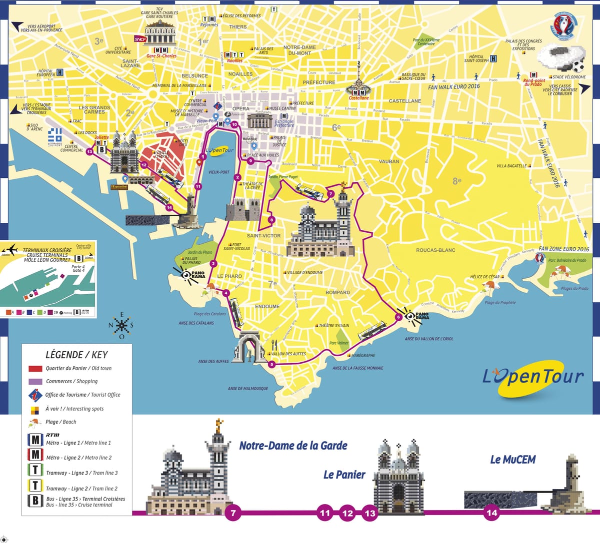 Marseille 'hop on, hop off' - bussen rute kort