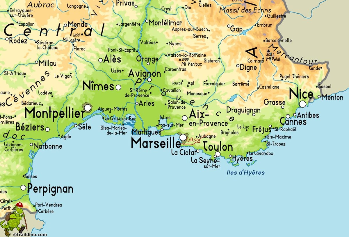 kort over Marseille og de omkringliggende område